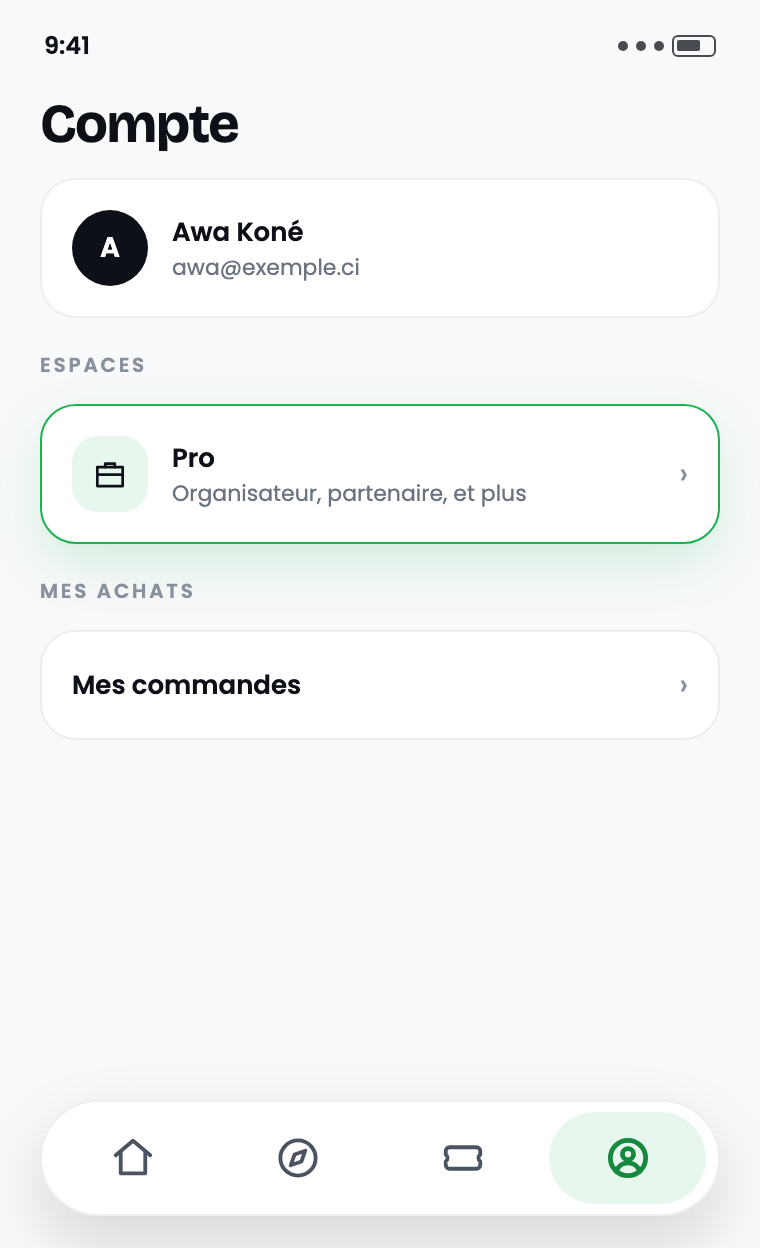 L’écran Compte de l’application : la ligne Pro est encadrée, et l’icône de l’onglet Compte est allumée tout à droite de la barre du bas.