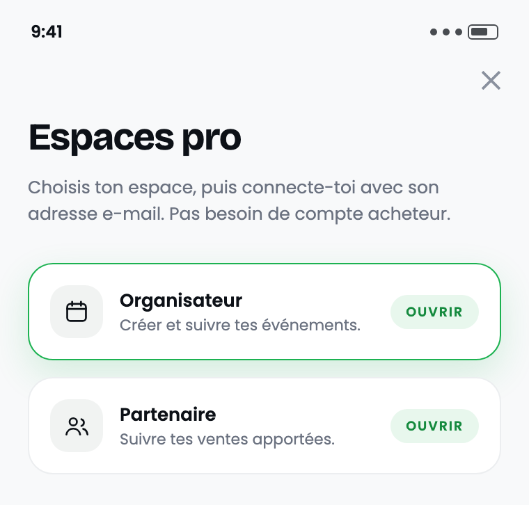 L’écran Espaces pro, avec la ligne Organisateur mise en avant.