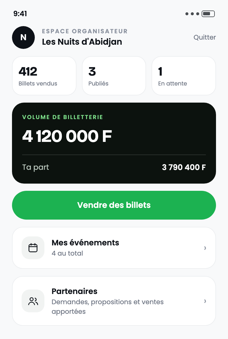 Le tableau de bord organisateur : billets vendus, volume de billetterie et part de l’organisateur.