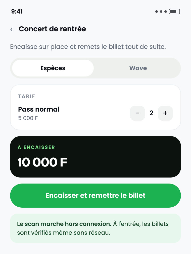 L’écran de vente sur place, avec le choix entre espèces et Wave.