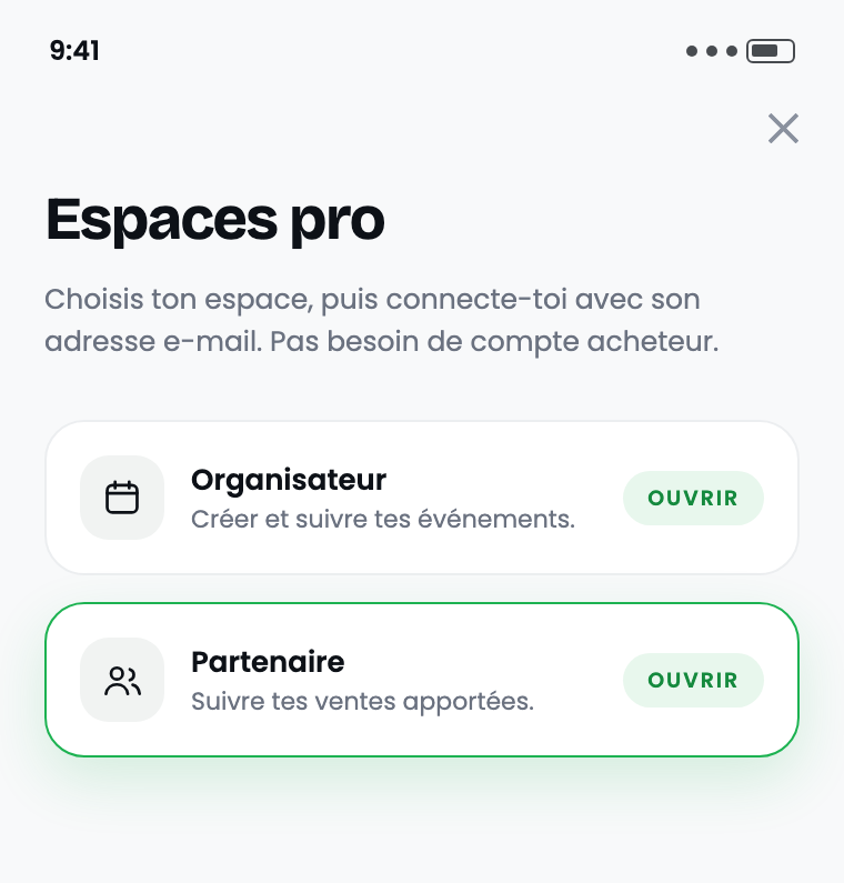 L’écran Espaces pro, avec la ligne Partenaire mise en avant.