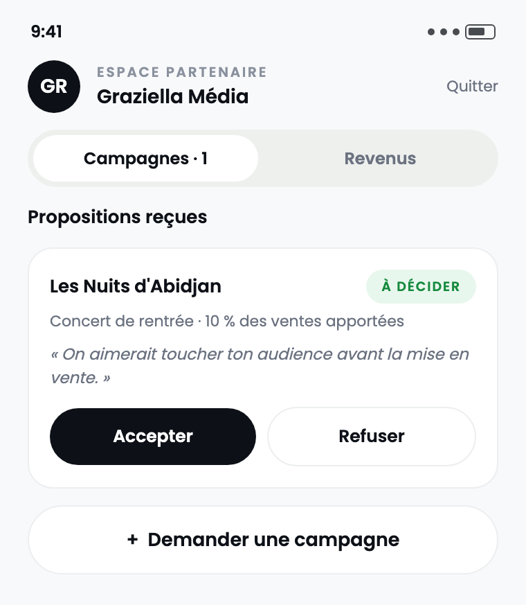 L’onglet Campagnes : une proposition reçue, avec les boutons Accepter et Refuser.