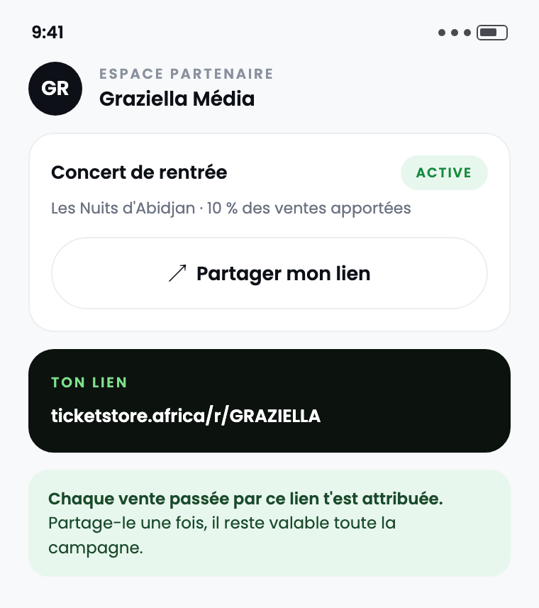 Une campagne active et son lien de suivi, avec le bouton Partager mon lien.