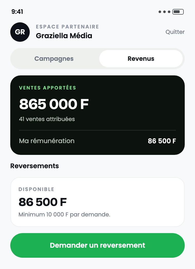 L’onglet Revenus : ventes apportées, rémunération et solde disponible au reversement.